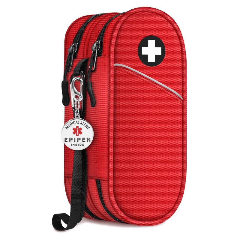 SITHON Double-Layer Epipen Carrying Case with Medical Alert Tag, Travel Medication Organizer Bag Pouch Holds 2 EpiPens, Asthma Inhaler, Anti-Histamine, Auvi-Q, Allergy Medicine Essentials (Red)